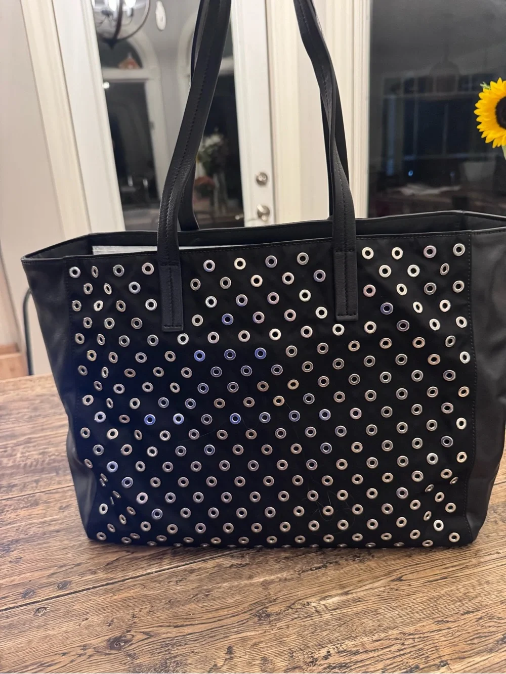 Auth. Prada Black Grommet/Eyelet Nylon & Calfskin with Leather interior Tote Bag